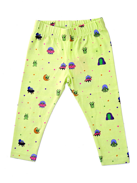 YAKSHI 220 GSM Kids Legging | Parrot Green Alien Printed Soft Cotton Stretch Pants for Girls | Comfortable