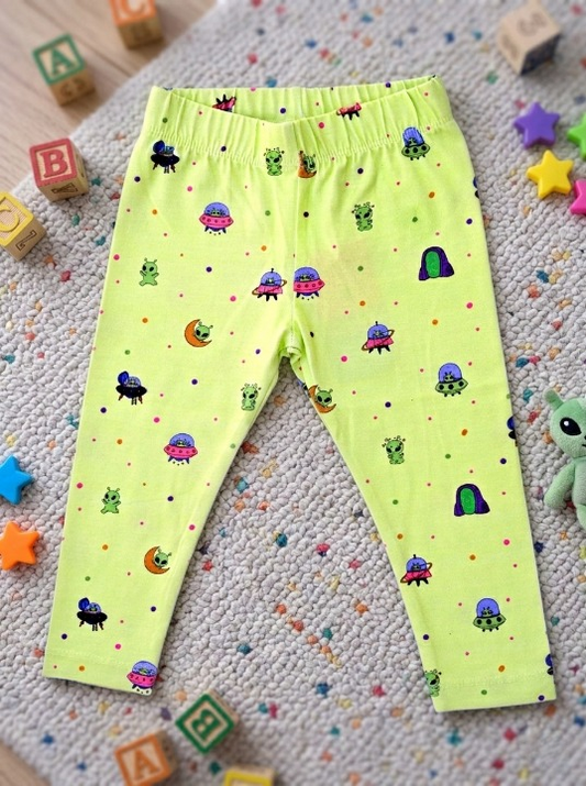 YAKSHI 220 GSM Kids Legging | Parrot Green Alien Printed Soft Cotton Stretch Pants for Girls | Comfortable