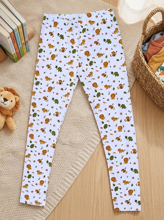 YAKSHI 220 GSM Kids Legging | Milky White Animals Printed Soft Cotton Stretch Pants for Girls | Comfortable Everyday Wear