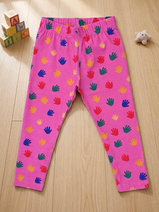 YAKSHI Girls Cotton Legging 220 GSM | Cute Baby Hand Print, Persian Pink Soft | Stretchy Everyday Wear Pants