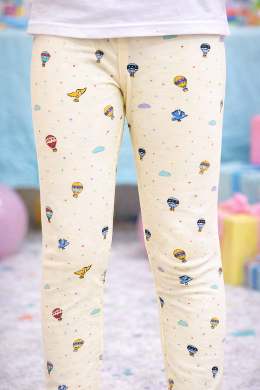 YAKSHI 220 GSM Pure Cotton Kids Legging | Hot Balloon Printed Light Yellow Stretch Pants for Girls | Casual | Daily Use