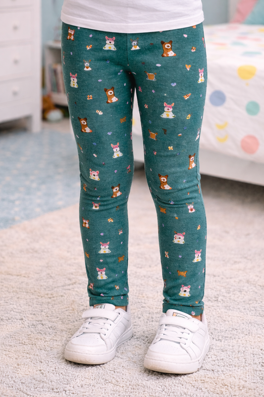 YAKSHI Heavy 220 GSM Pure Cotton Kids Legging | Teal Blue Mouse Print Soft, Durable | Stretchy Pants for Girls | Ideal for Regular Long Use