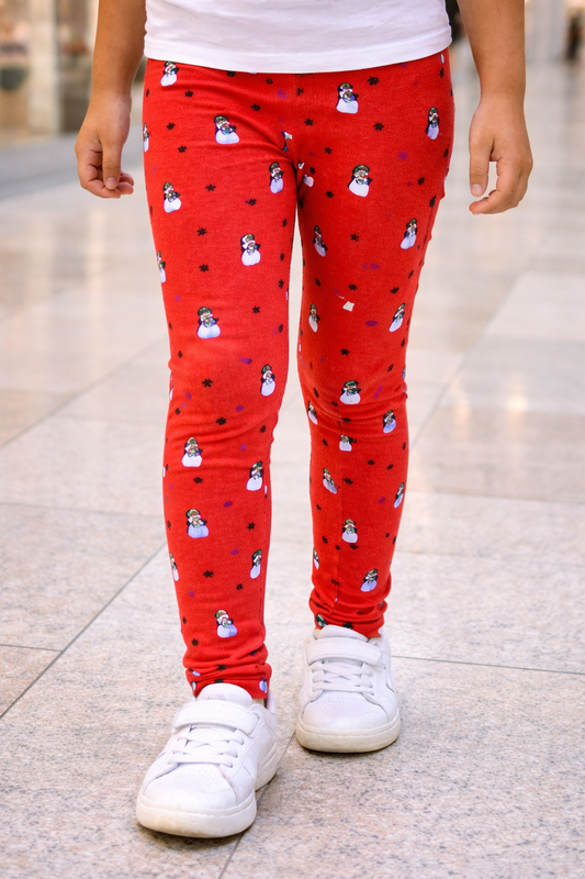 YAKSHI Heavy 220 GSM Pure Cotton Kids Legging | Red Snowman Print Soft, Durable | Stretchy Pants for Girls | Ideal for Regular Long Use