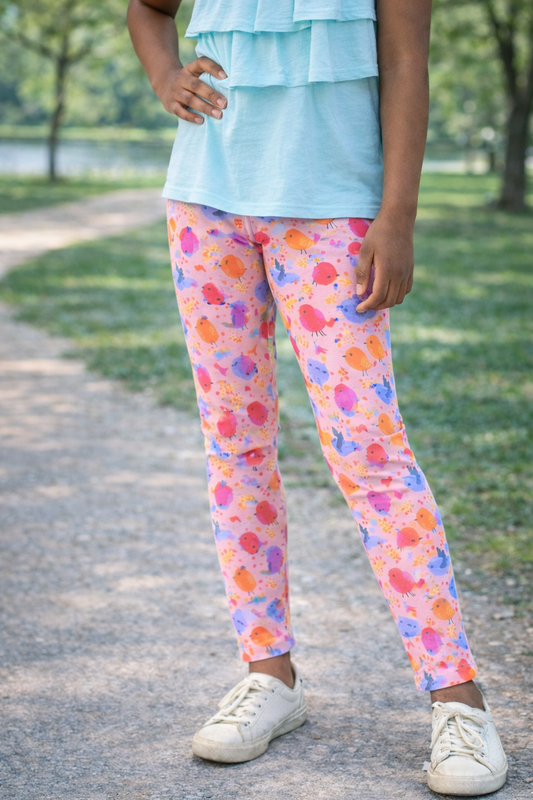 YAKSHI Girls Cotton Legging 220 GSM | Cute Birds Print, Light Pink Soft | Stretchy Everyday Wear Pants