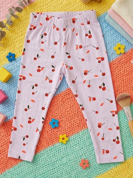YAKSHI 220 GSM Pure Cotton Kids Legging | Off White Cherries Printed Soft | Stretchy Pants for Girls | Comfortable