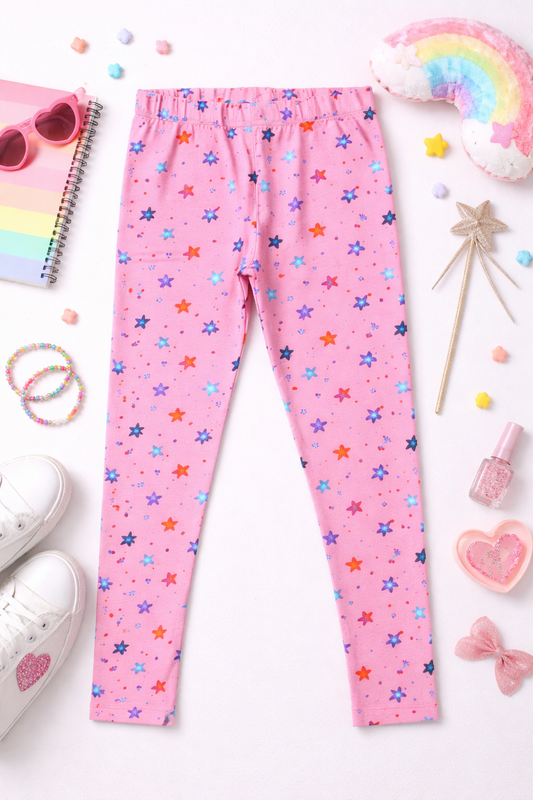 YAKSHI Salmon Pink Starfish Print Kids Legging | Heavy 220 GSM Pure Cotton Long-Lasting | Stretchable Bottom Wear for Girls