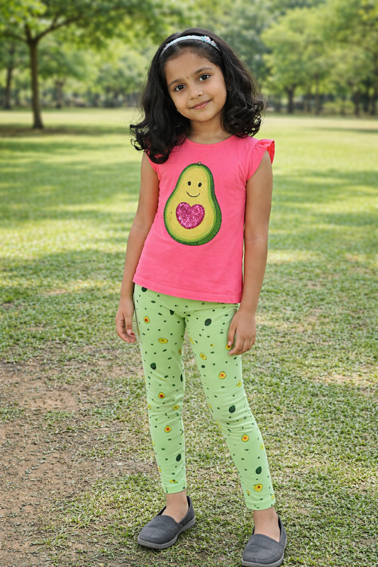 YAKSHI Mint Green Avocado Printed Kids Legging | Premium 220 GSM Cotton Stretchable Bottom Wear for Girls