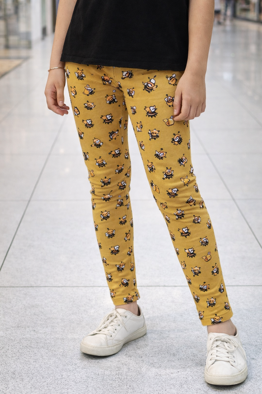 YAKSHI 220 GSM Cotton Kids Legging | Bees Printed Mustard Yellow Stretch Pants for Girls, Casual | Daily Use