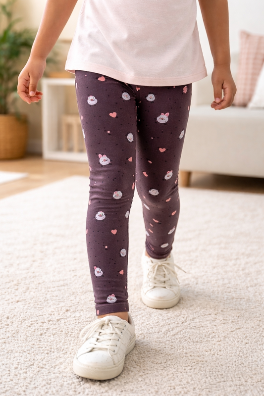 YAKSHI 220 GSM Pure Cotton Kids Legging | Bunny Printed Coffee Brown Stretch Pants for Girls, Casual | Everyday Use