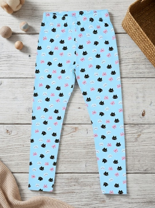 YAKSHI Heavy 220 GSM Pure Cotton Kids Legging | Sky Blue Kitten Print Soft | Durable Stretch Pants for Girls | Long-Lasting Comfort