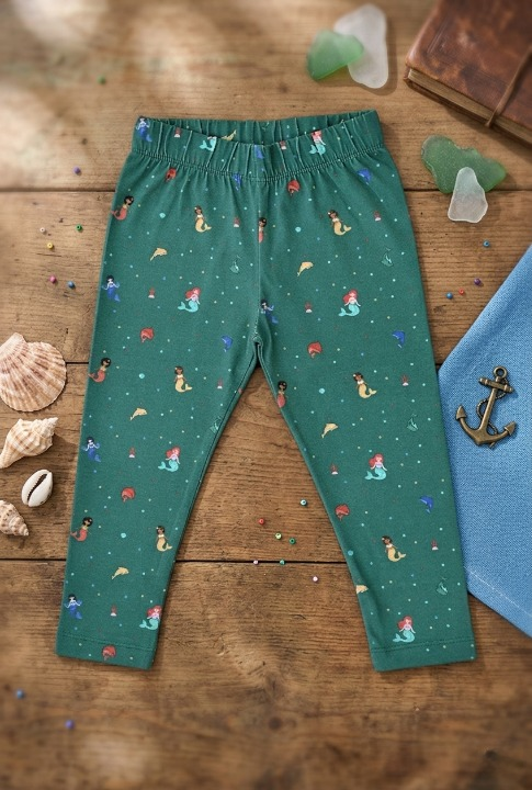 YAKSHI Teal Green Mermaid Print Kids Legging | Heavy 220 GSM Pure Cotton Durable | Stretchable Bottom Wear for Girls