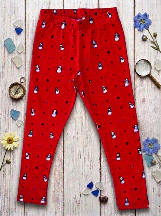 YAKSHI Heavy 220 GSM Pure Cotton Kids Legging | Red Snowman Print Soft, Durable | Stretchy Pants for Girls | Ideal for Regular Long Use