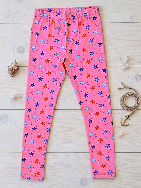 YAKSHI Salmon Pink Starfish Print Kids Legging | Heavy 220 GSM Pure Cotton Long-Lasting | Stretchable Bottom Wear for Girls