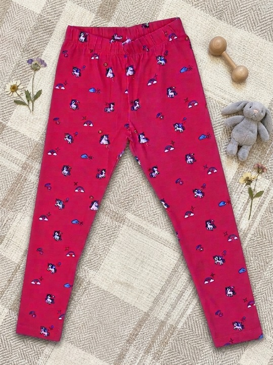 YAKSHI Pink Unicorn Print Kids Legging | Heavy 220 GSM Pure Cotton Long-Lasting | Stretchable Bottom Wear for Girls