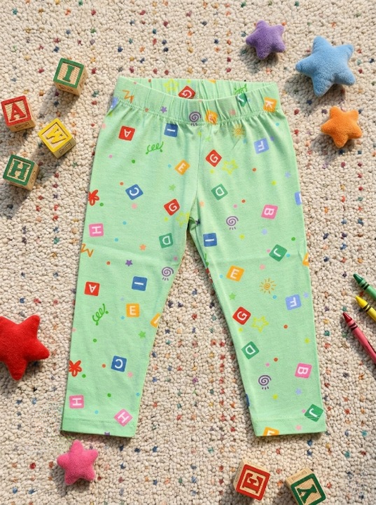 YAKSHI 220 GSM Kids Legging | Celadon Green Alphabets Printed Soft Cotton Stretch Pants for Girls | Comfortable