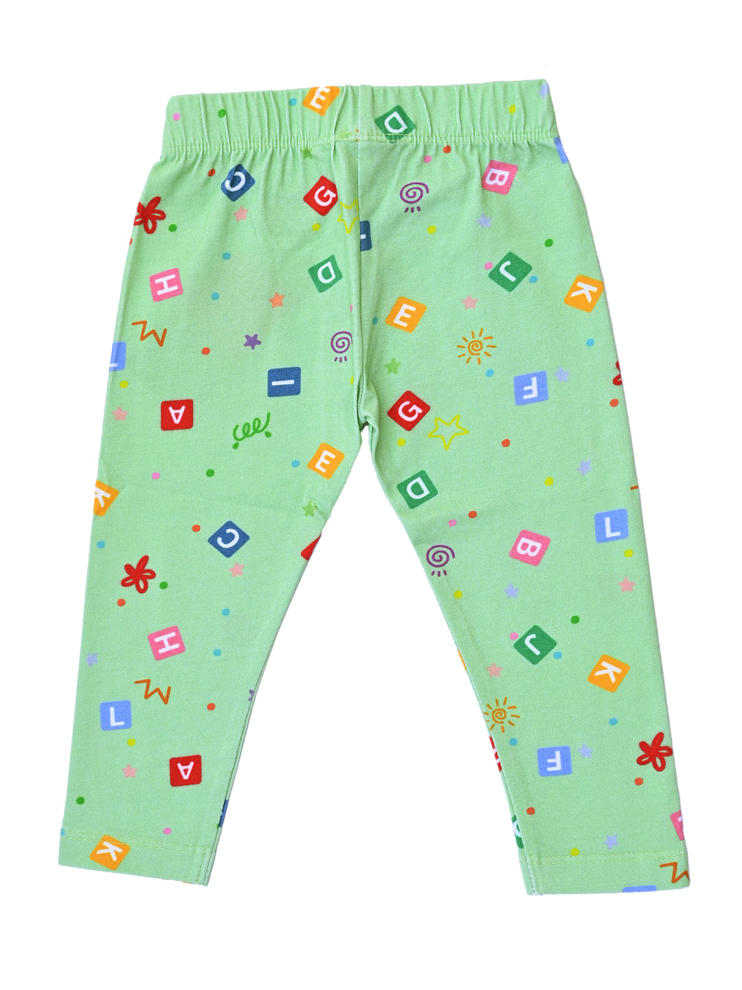 YAKSHI 220 GSM Kids Legging | Celadon Green Alphabets Printed Soft Cotton Stretch Pants for Girls | Comfortable