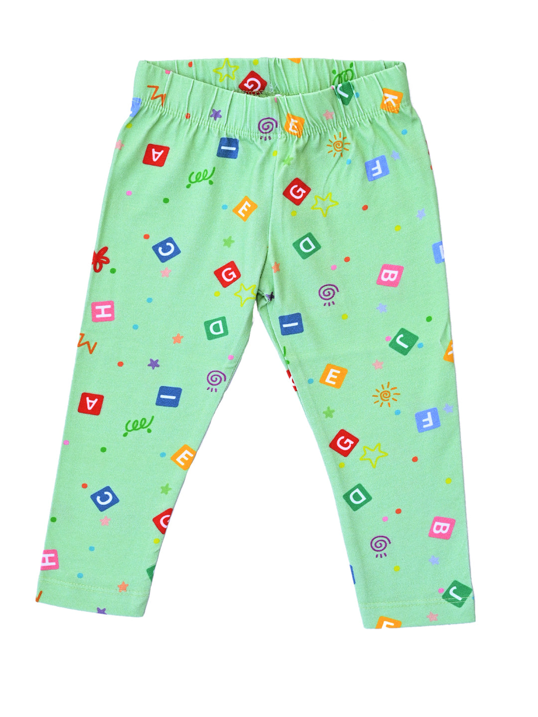 YAKSHI 220 GSM Kids Legging | Celadon Green Alphabets Printed Soft Cotton Stretch Pants for Girls | Comfortable