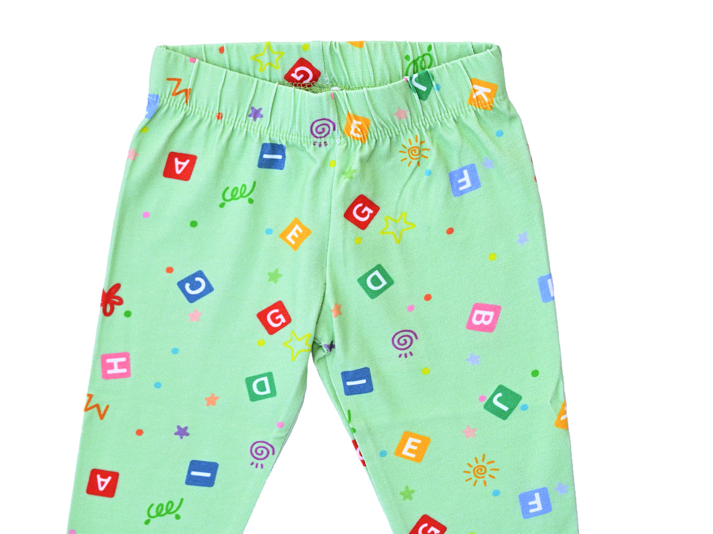 YAKSHI 220 GSM Kids Legging | Celadon Green Alphabets Printed Soft Cotton Stretch Pants for Girls | Comfortable