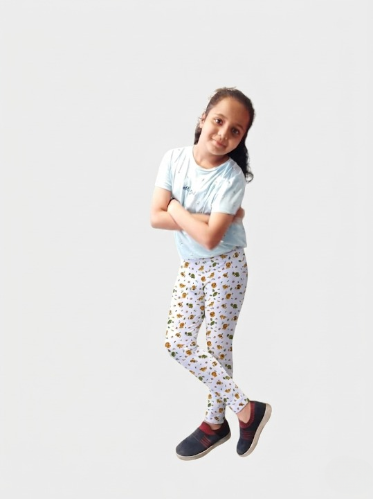 YAKSHI 220 GSM Kids Legging | Milky White Animals Printed Soft Cotton Stretch Pants for Girls | Comfortable Everyday Wear