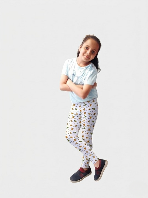 YAKSHI 220 GSM Kids Legging | Milky White Animals Printed Soft Cotton Stretch Pants for Girls | Comfortable Everyday Wear