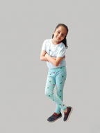 YAKSHI 220 GSM Kids Legging | Pastel Blue Apple Printed Soft Cotton Stretch Pants for Girls | Comfortable