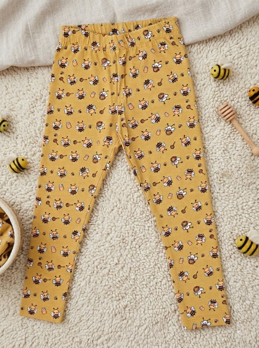YAKSHI 220 GSM Cotton Kids Legging | Bees Printed Mustard Yellow Stretch Pants for Girls, Casual | Daily Use