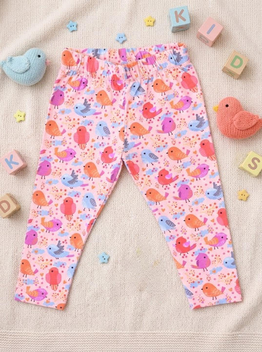 YAKSHI Girls Cotton Legging 220 GSM | Cute Birds Print, Light Pink Soft | Stretchy Everyday Wear Pants
