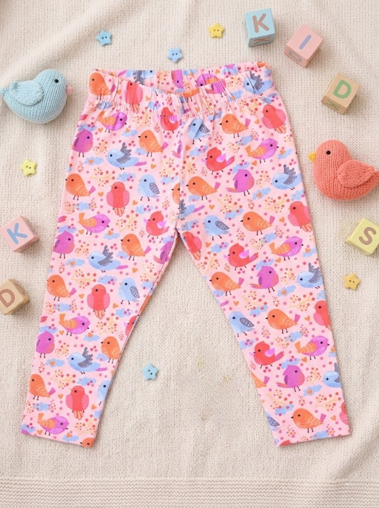 YAKSHI Girls Cotton Legging 220 GSM | Cute Birds Print, Light Pink Soft | Stretchy Everyday Wear Pants