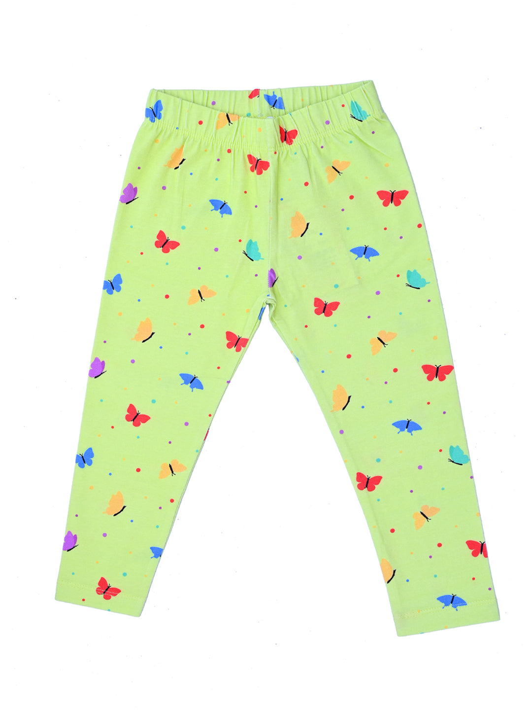YAKSHI Volt Green Butterflies Printed Kids Legging | Premium 220 GSM Pure Cotton Stretchable Bottom Wear for Girls