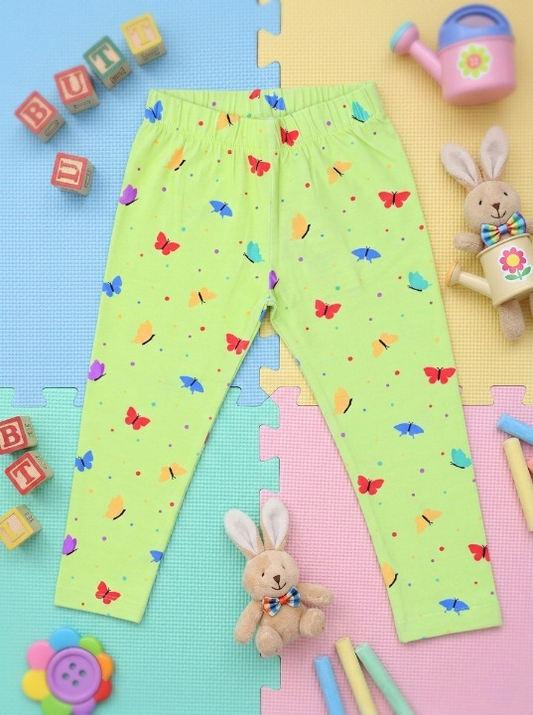 YAKSHI Volt Green Butterflies Printed Kids Legging | Premium 220 GSM Pure Cotton Stretchable Bottom Wear for Girls