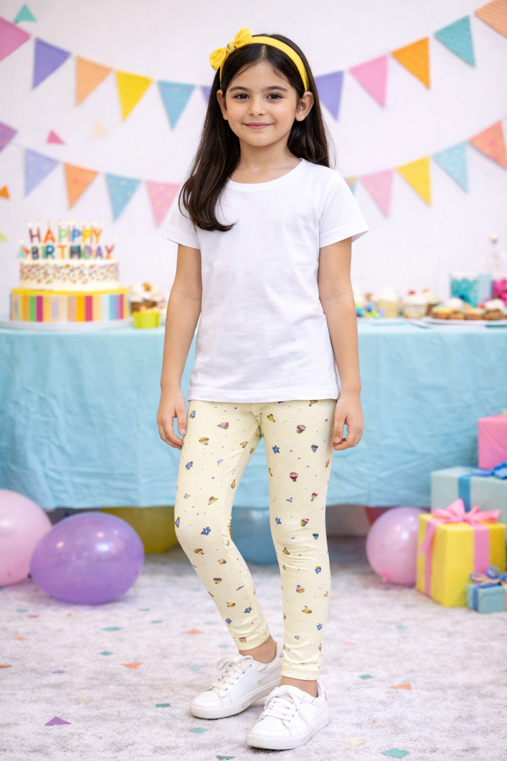 YAKSHI 220 GSM Pure Cotton Kids Legging | Hot Balloon Printed Light Yellow Stretch Pants for Girls | Casual | Daily Use