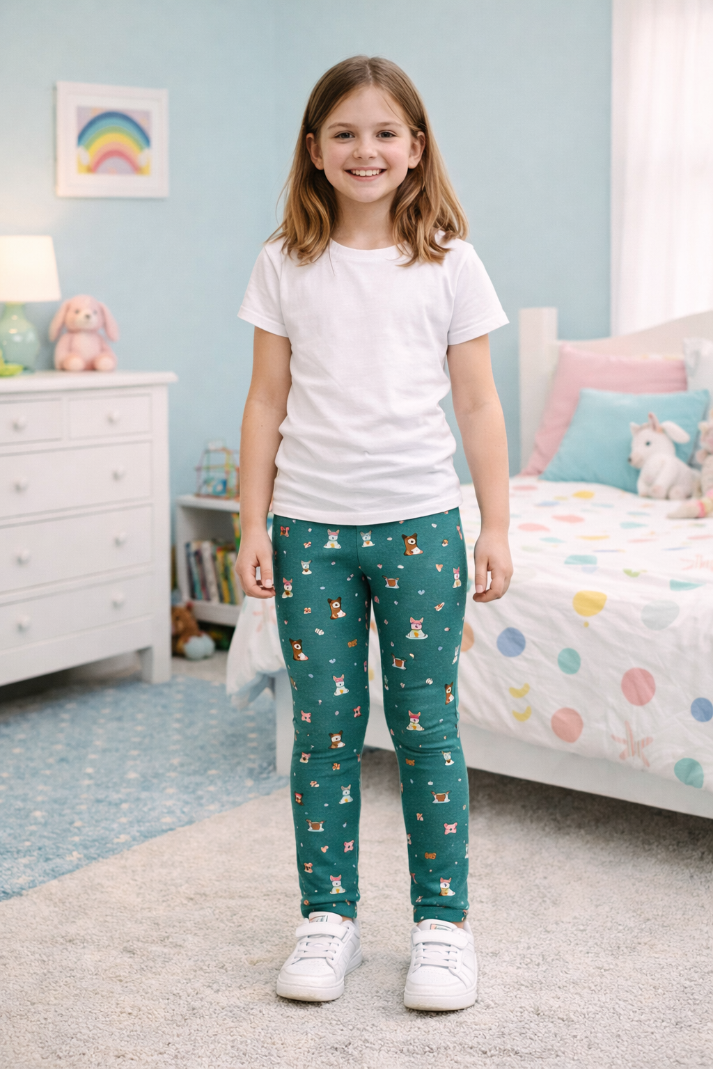 YAKSHI Heavy 220 GSM Pure Cotton Kids Legging | Teal Blue Mouse Print Soft, Durable | Stretchy Pants for Girls | Ideal for Regular Long Use