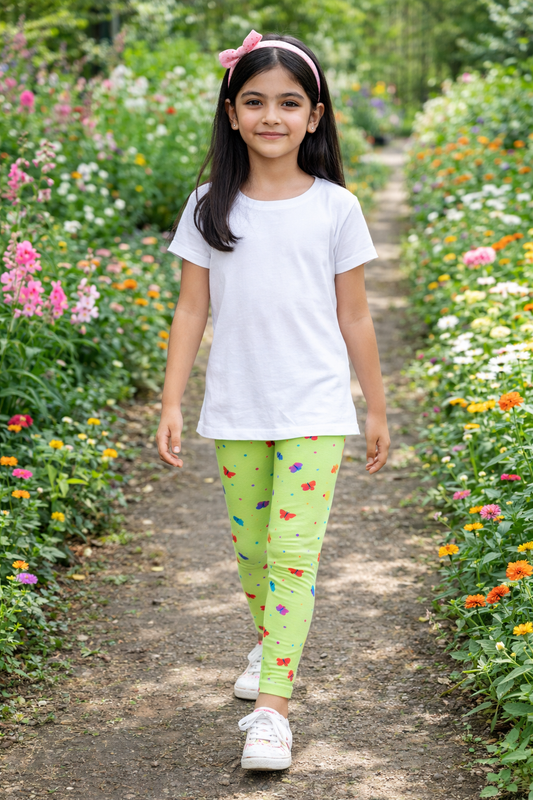 YAKSHI Volt Green Butterflies Printed Kids Legging | Premium 220 GSM Pure Cotton Stretchable Bottom Wear for Girls