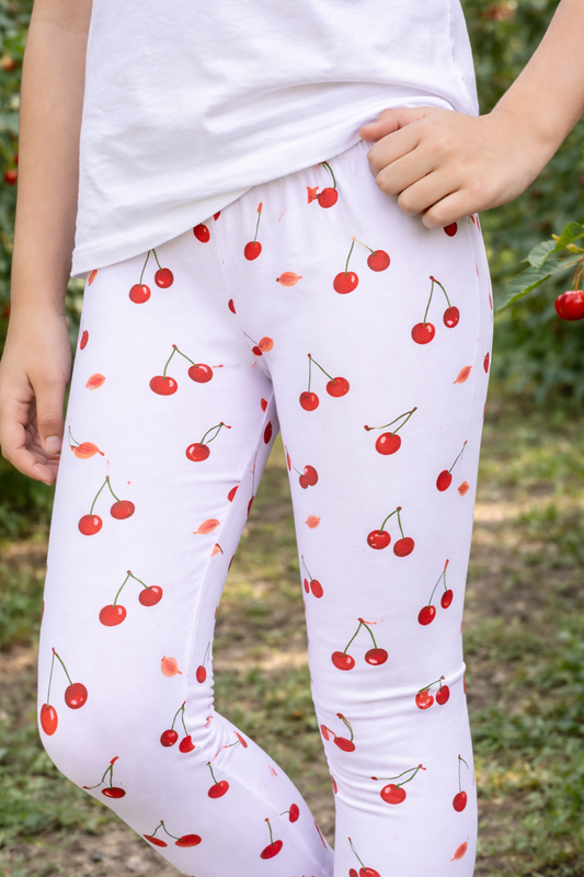 YAKSHI 220 GSM Pure Cotton Kids Legging | Off White Cherries Printed Soft | Stretchy Pants for Girls | Comfortable