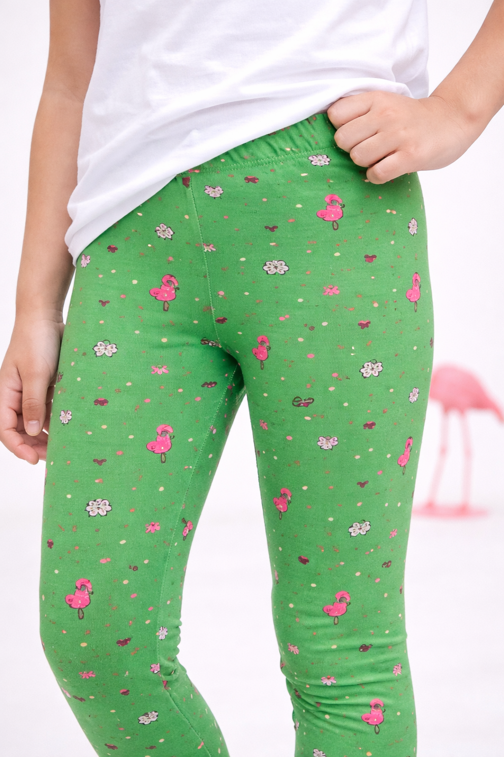 YAKSHI 220 GSM Pure Cotton Kids Legging | Pastel Green Flamingo Printed Soft | Stretchy Pants for Girls | Comfortable