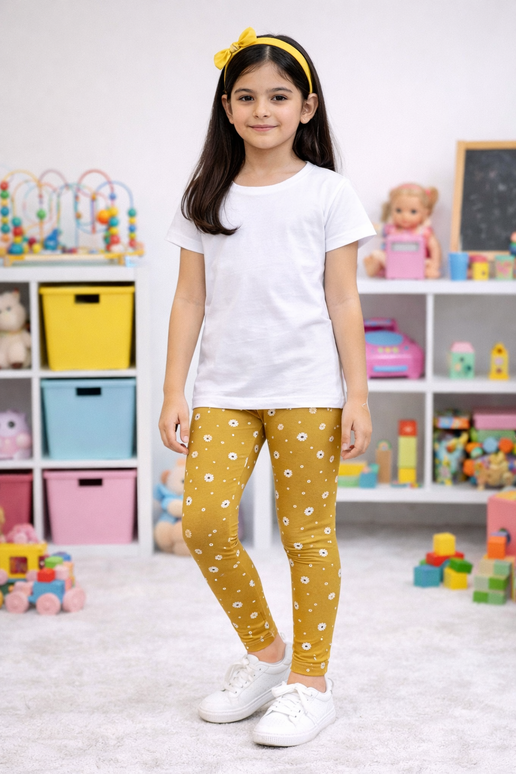 YAKSHI Girls Pure Cotton Legging 220 GSM | Floral Print, Ecru Yellow Soft | Stretchy Everyday Wear Pants