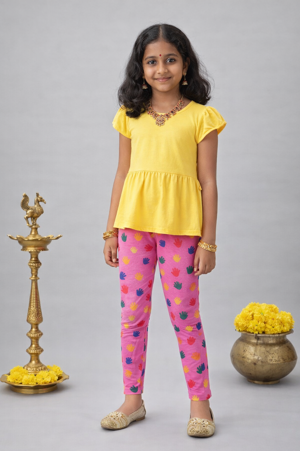 YAKSHI Girls Cotton Legging 220 GSM | Cute Baby Hand Print, Persian Pink Soft | Stretchy Everyday Wear Pants