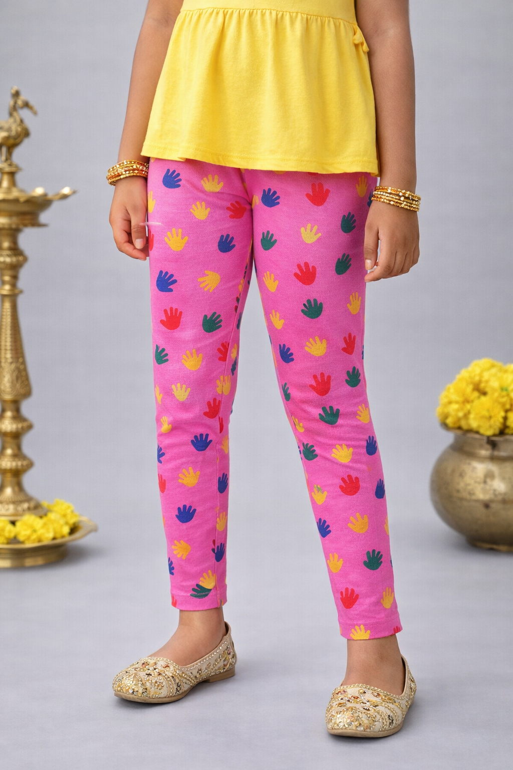 YAKSHI Girls Cotton Legging 220 GSM | Cute Baby Hand Print, Persian Pink Soft | Stretchy Everyday Wear Pants