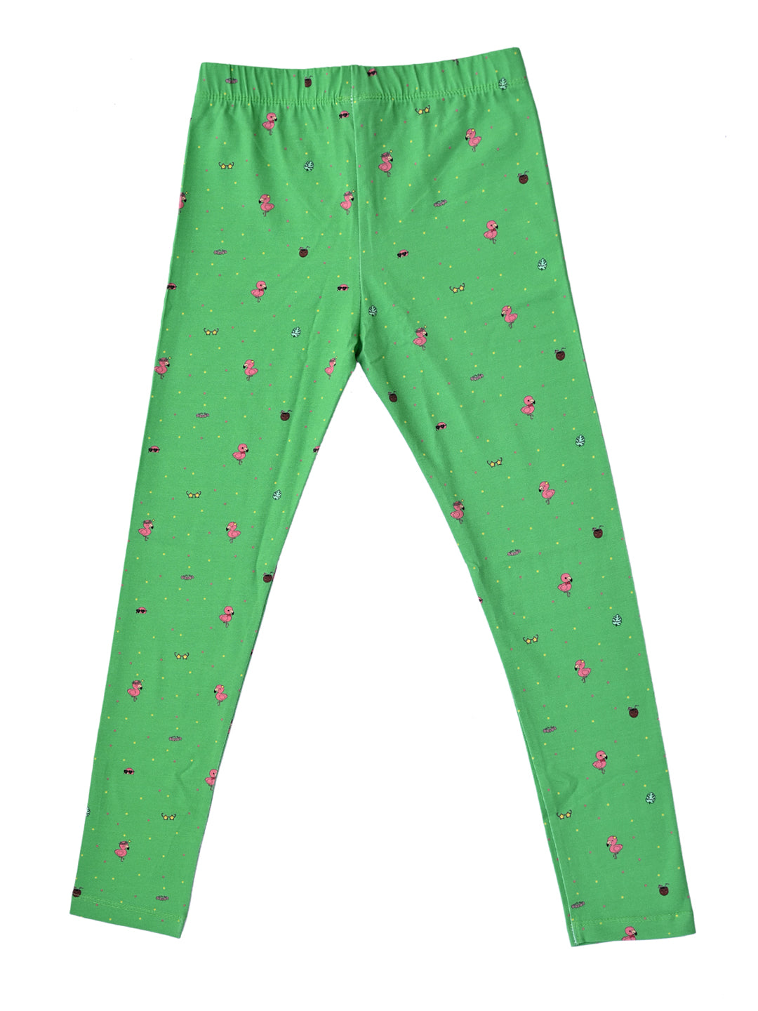 YAKSHI 220 GSM Pure Cotton Kids Legging | Pastel Green Flamingo Printed Soft | Stretchy Pants for Girls | Comfortable