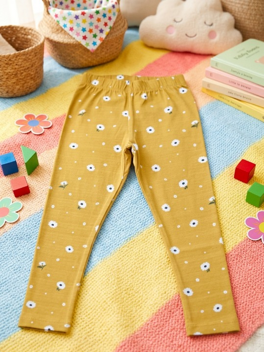 YAKSHI Girls Pure Cotton Legging 220 GSM | Floral Print, Ecru Yellow Soft | Stretchy Everyday Wear Pants