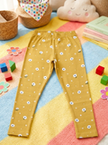 YAKSHI Girls Pure Cotton Legging 220 GSM | Floral Print, Ecru Yellow Soft | Stretchy Everyday Wear Pants