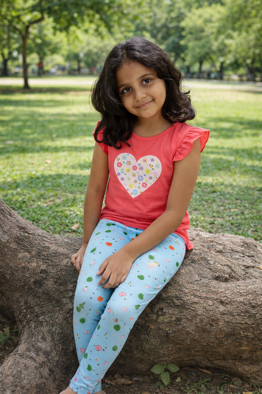 YAKSHI 220 GSM Kids Legging | Pastel Blue Apple Printed Soft Cotton Stretch Pants for Girls | Comfortable