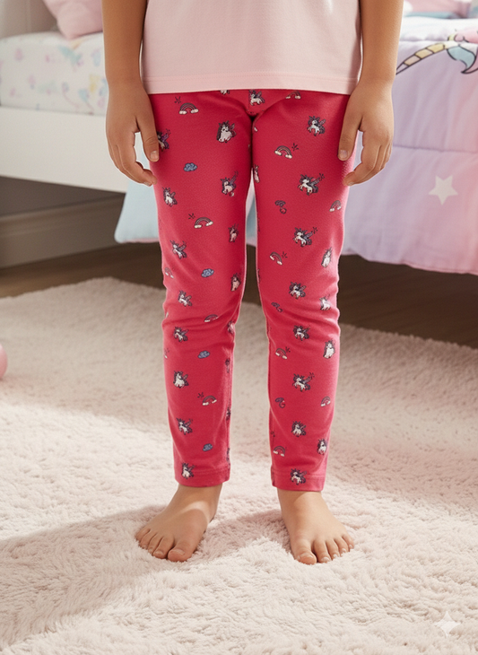 YAKSHI Pink Unicorn Print Kids Legging | Heavy 220 GSM Pure Cotton Long-Lasting | Stretchable Bottom Wear for Girls