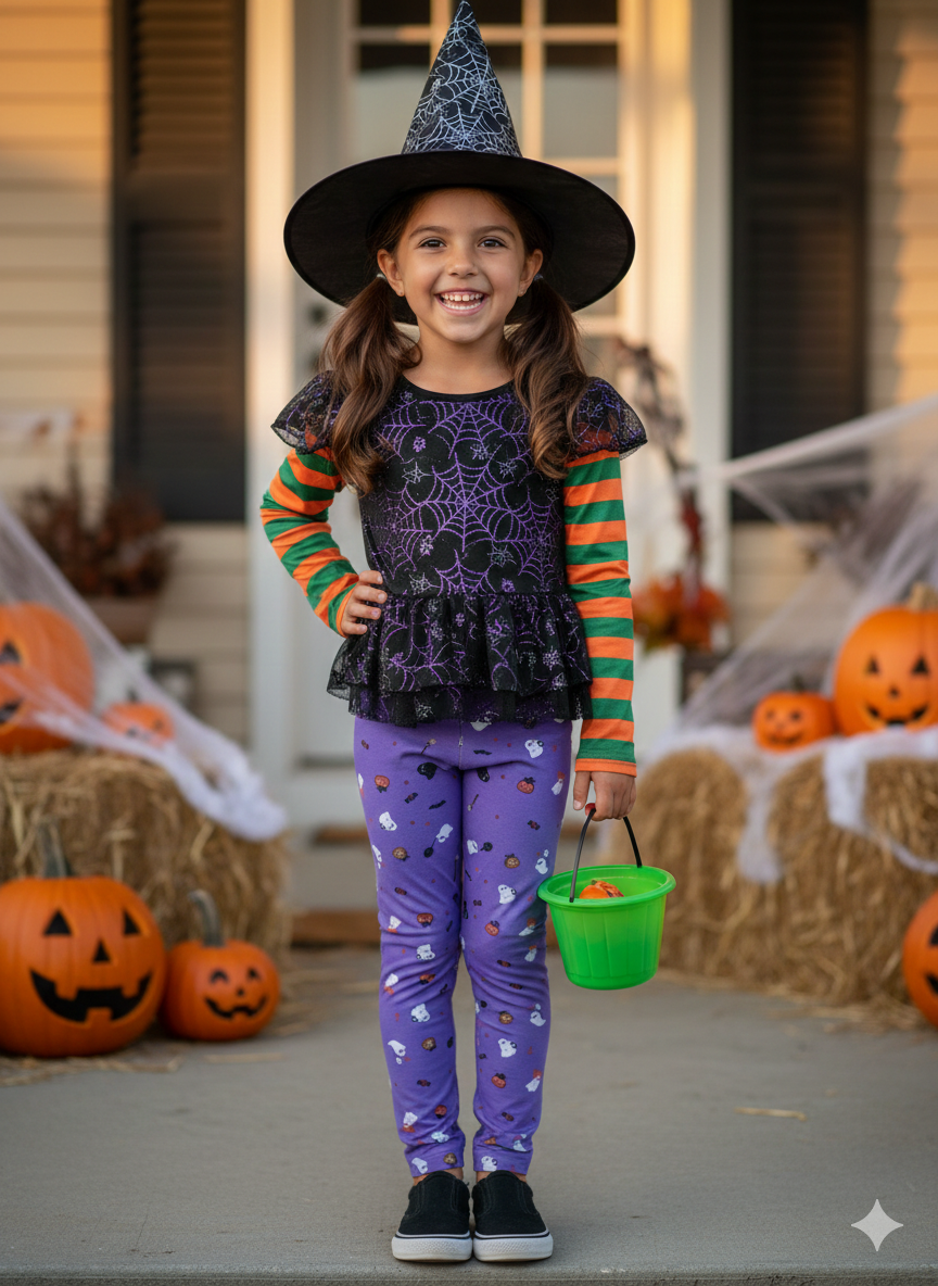 YAKSHI Premium Kids Legging | Lavender Halloween Print, Soft 220 GSM Pure Cotton Comfortable Stretch Wear for Girls