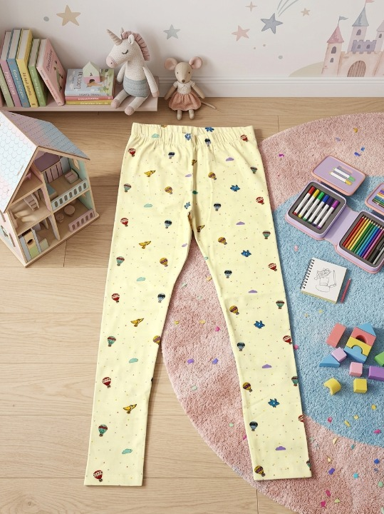 YAKSHI 220 GSM Pure Cotton Kids Legging | Hot Balloon Printed Light Yellow Stretch Pants for Girls | Casual | Daily Use