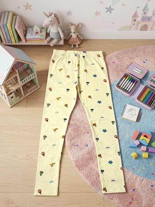 YAKSHI 220 GSM Pure Cotton Kids Legging | Hot Balloon Printed Light Yellow Stretch Pants for Girls | Casual | Daily Use
