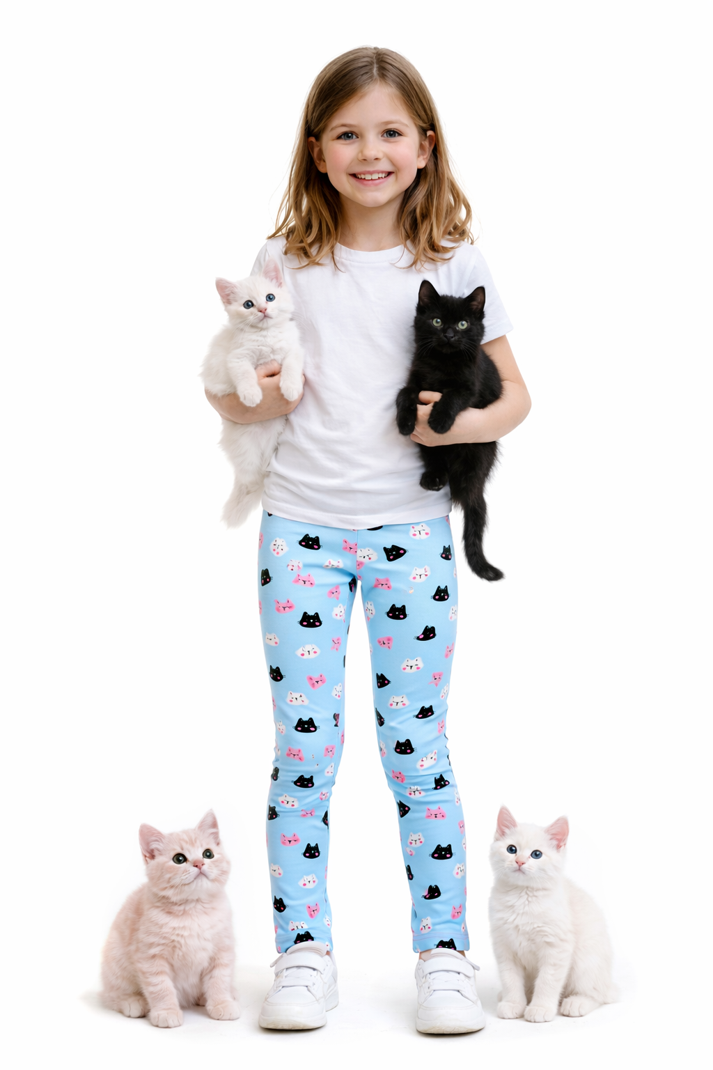 YAKSHI Heavy 220 GSM Pure Cotton Kids Legging | Sky Blue Kitten Print Soft | Durable Stretch Pants for Girls | Long-Lasting Comfort