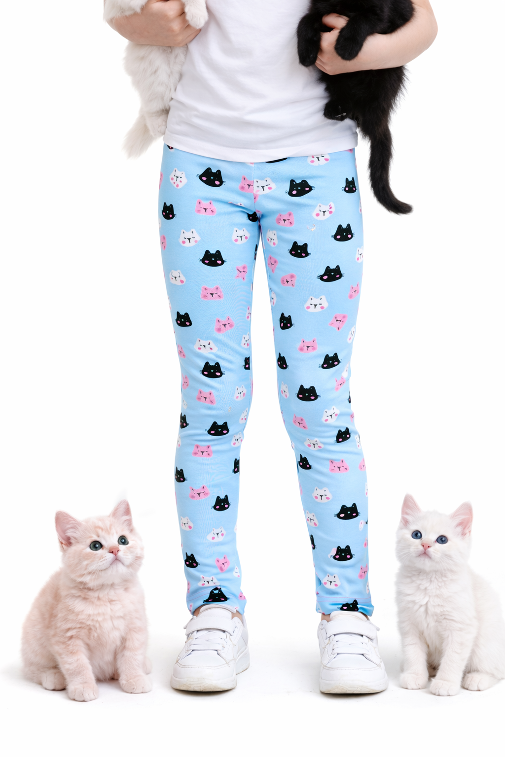 YAKSHI Heavy 220 GSM Pure Cotton Kids Legging | Sky Blue Kitten Print Soft | Durable Stretch Pants for Girls | Long-Lasting Comfort