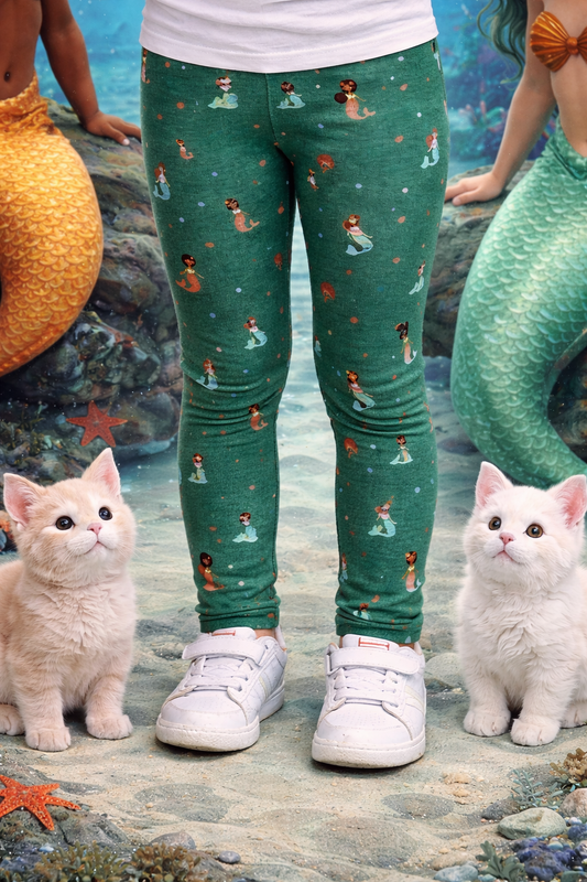 YAKSHI Teal Green Mermaid Print Kids Legging | Heavy 220 GSM Pure Cotton Durable | Stretchable Bottom Wear for Girls