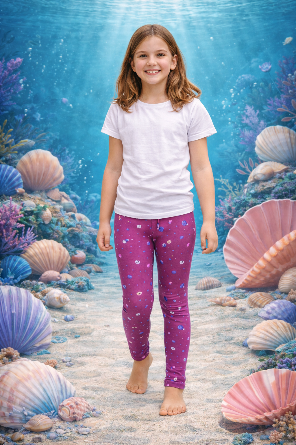 YAKSHI Heavy 220 GSM Pure Cotton Kids Legging | Magenta Seashells Print Soft, Durable | Stretchy Pants for Girls | Ideal for Regular Long Use